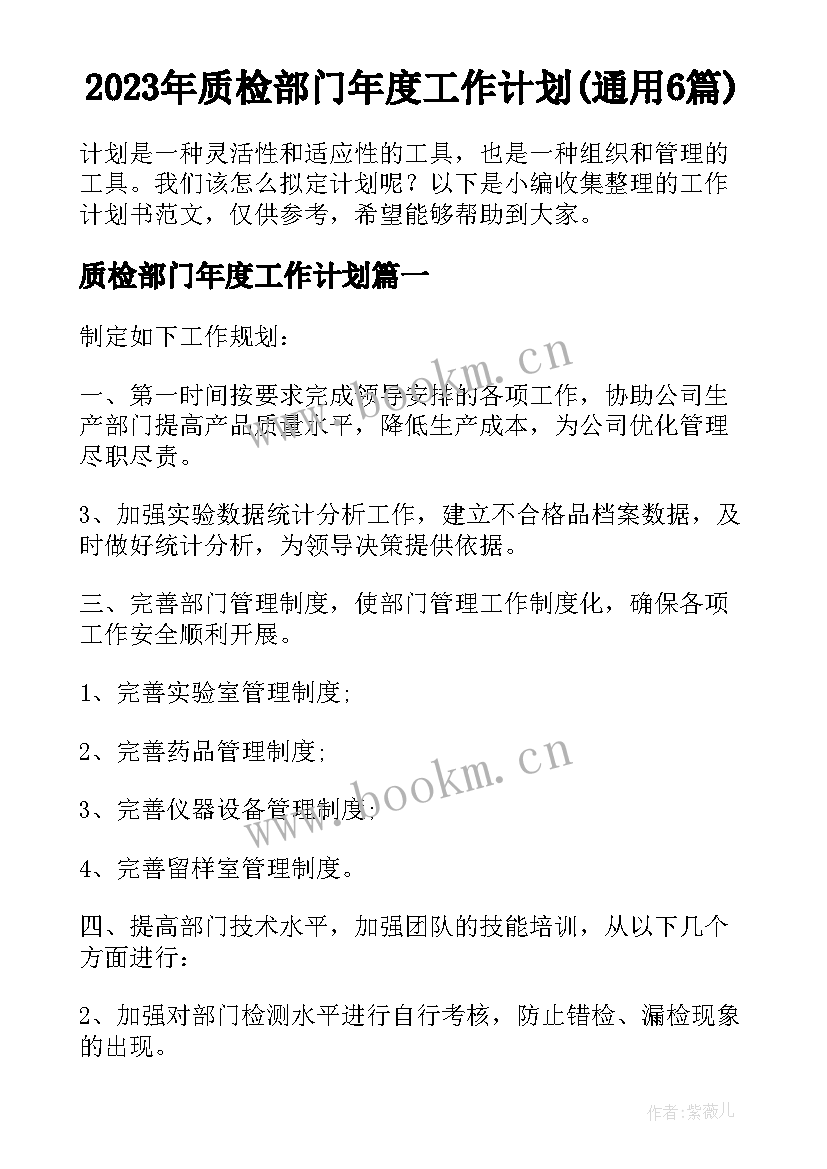 2023年质检部门年度工作计划(通用6篇)