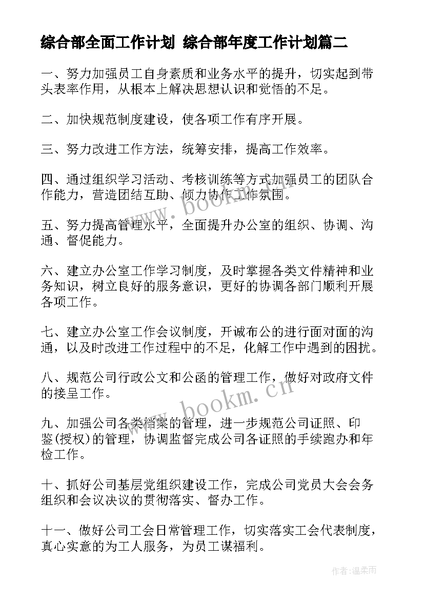 最新综合部全面工作计划 综合部年度工作计划(汇总9篇)