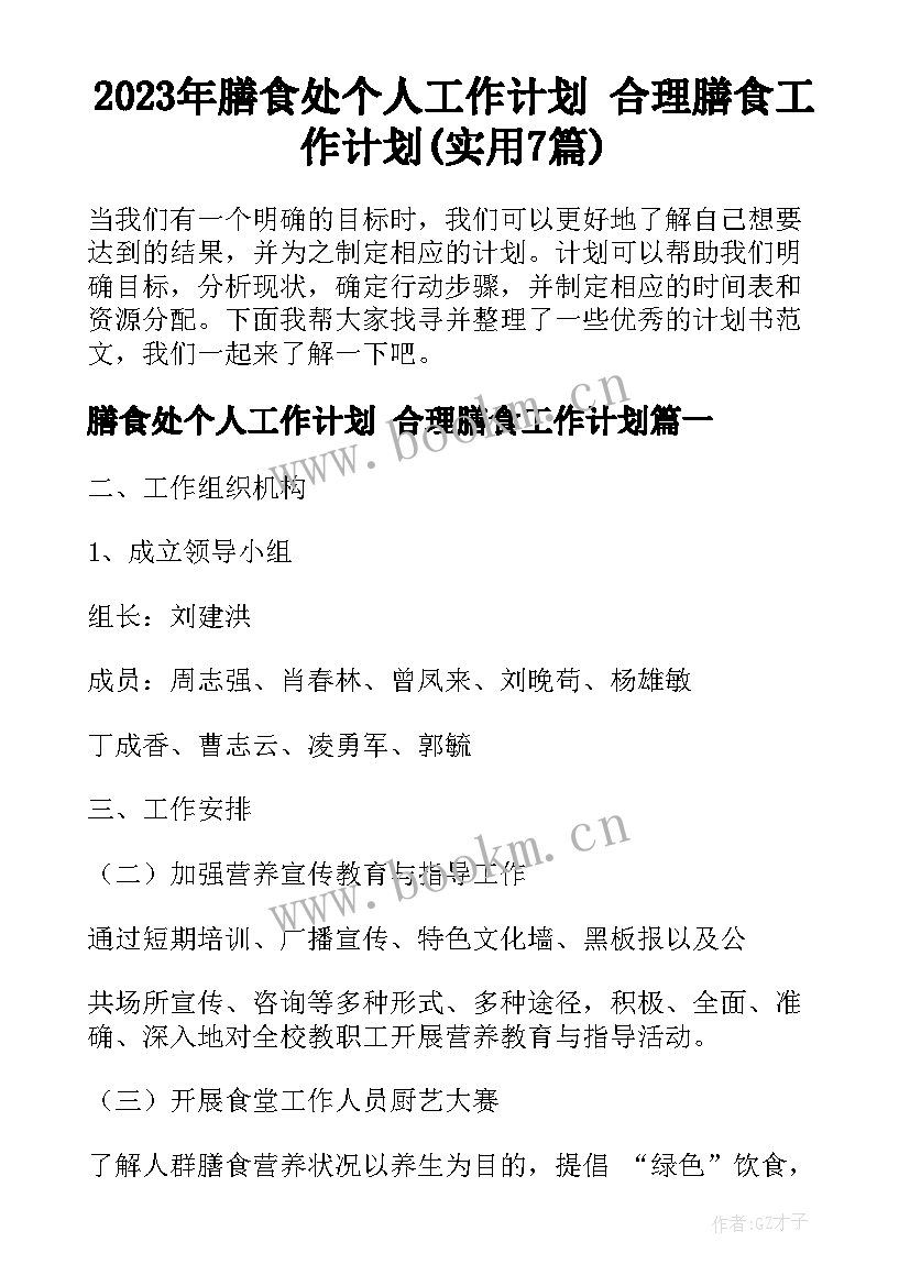 2023年膳食处个人工作计划 合理膳食工作计划(实用7篇)