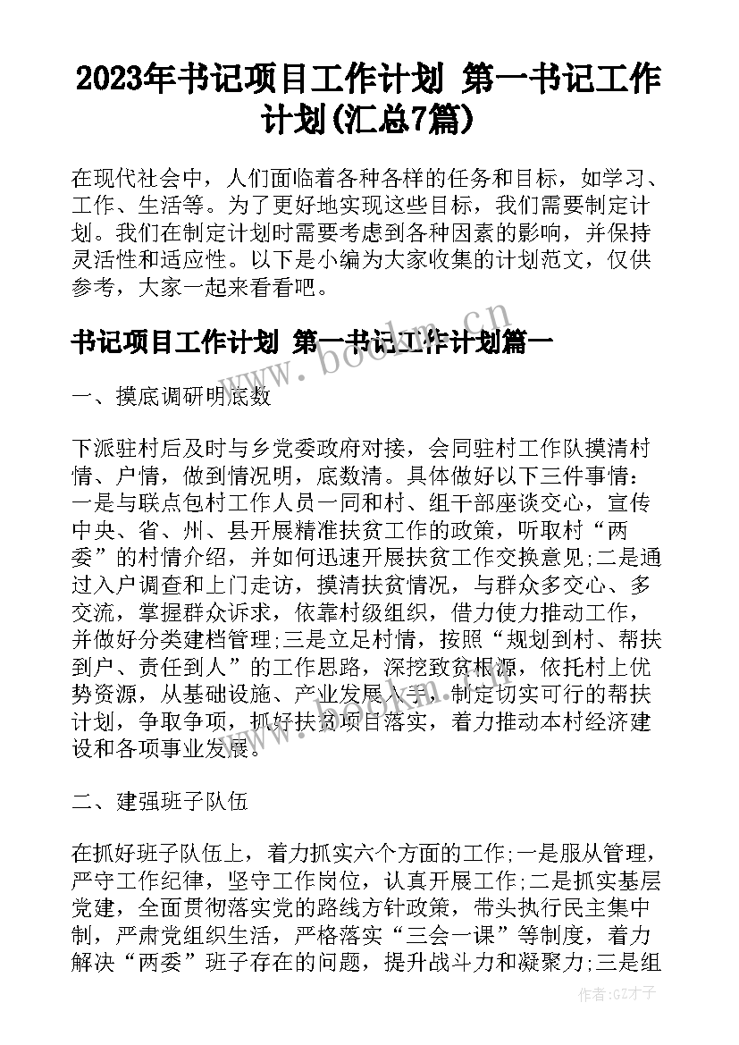 2023年书记项目工作计划 第一书记工作计划(汇总7篇)