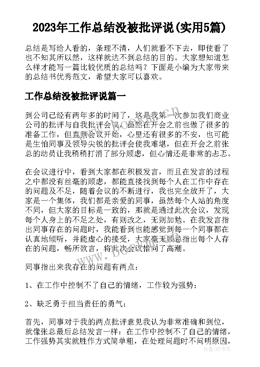 2023年工作总结没被批评说(实用5篇)