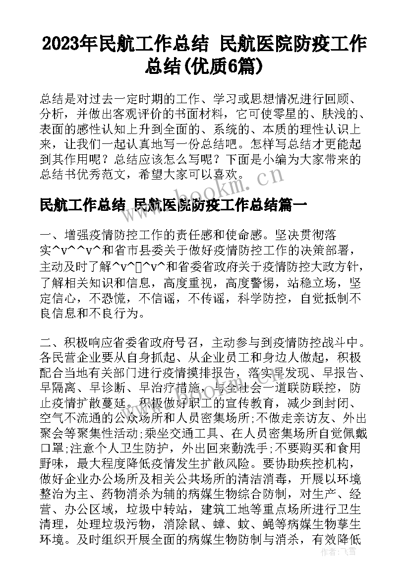 2023年民航工作总结 民航医院防疫工作总结(优质6篇)