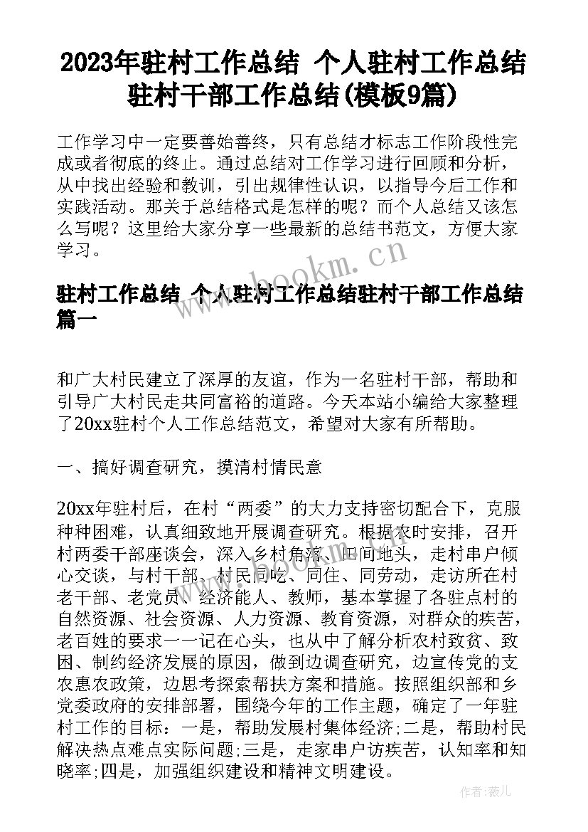 2023年驻村工作总结 个人驻村工作总结驻村干部工作总结(模板9篇)