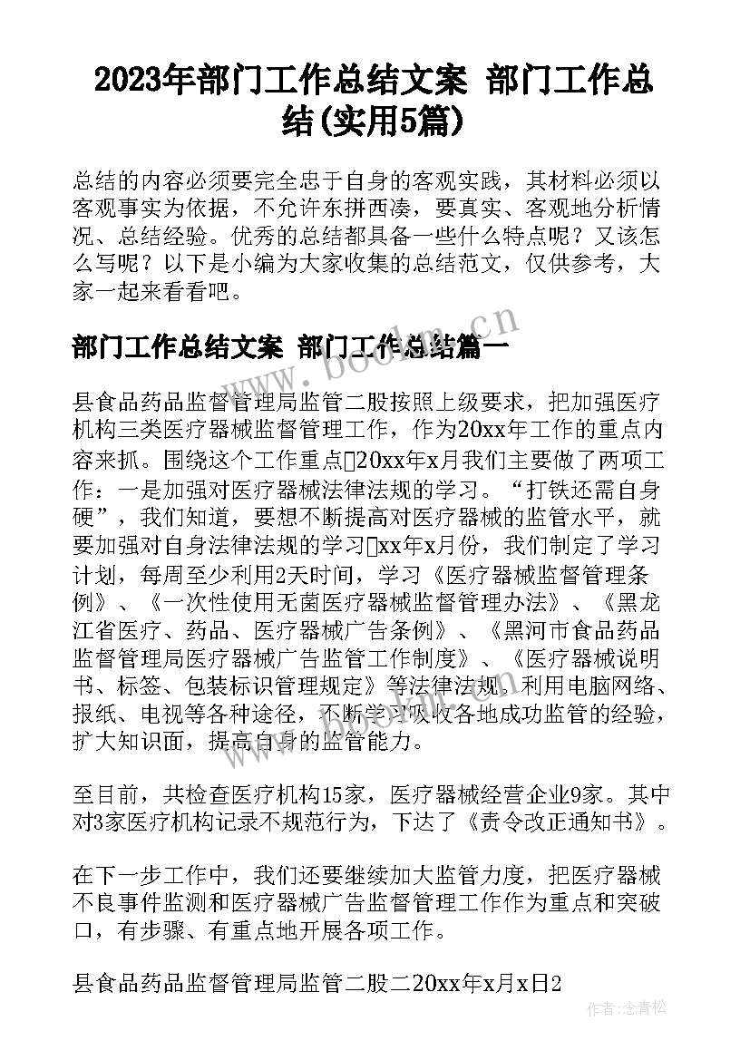 2023年部门工作总结文案 部门工作总结(实用5篇)