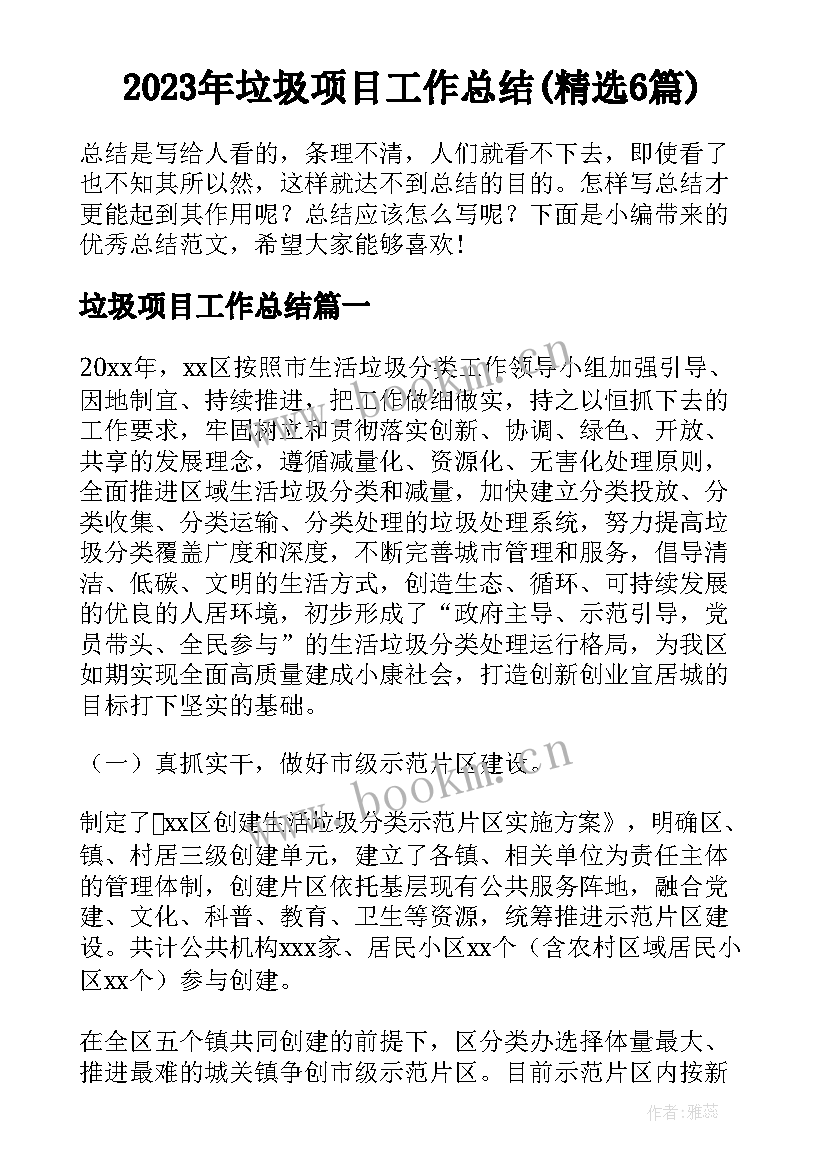 2023年垃圾项目工作总结(精选6篇)