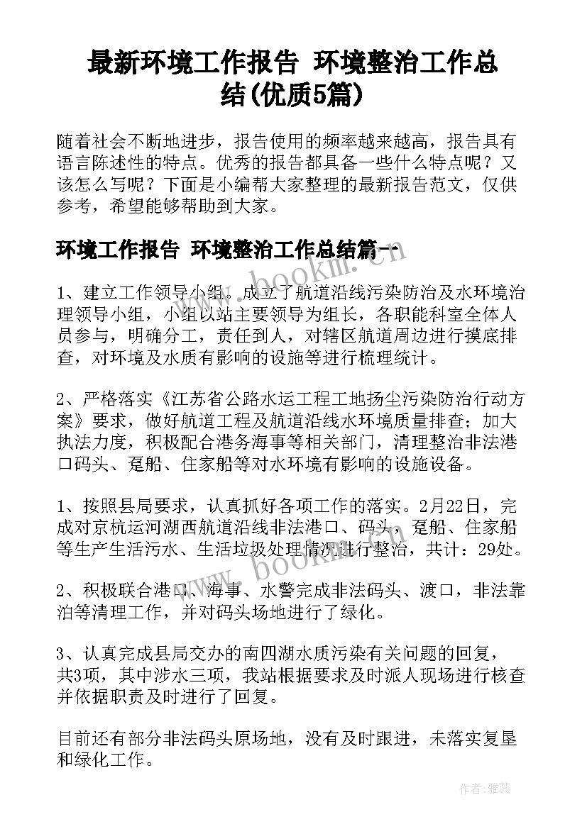 最新环境工作报告 环境整治工作总结(优质5篇)