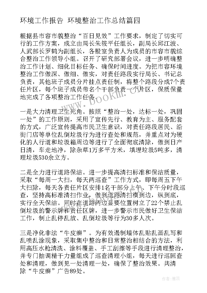 最新环境工作报告 环境整治工作总结(优质5篇)