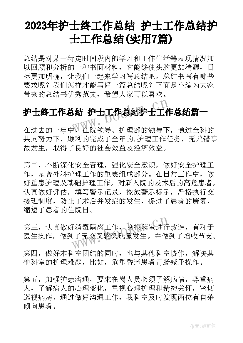 2023年护士终工作总结 护士工作总结护士工作总结(实用7篇)