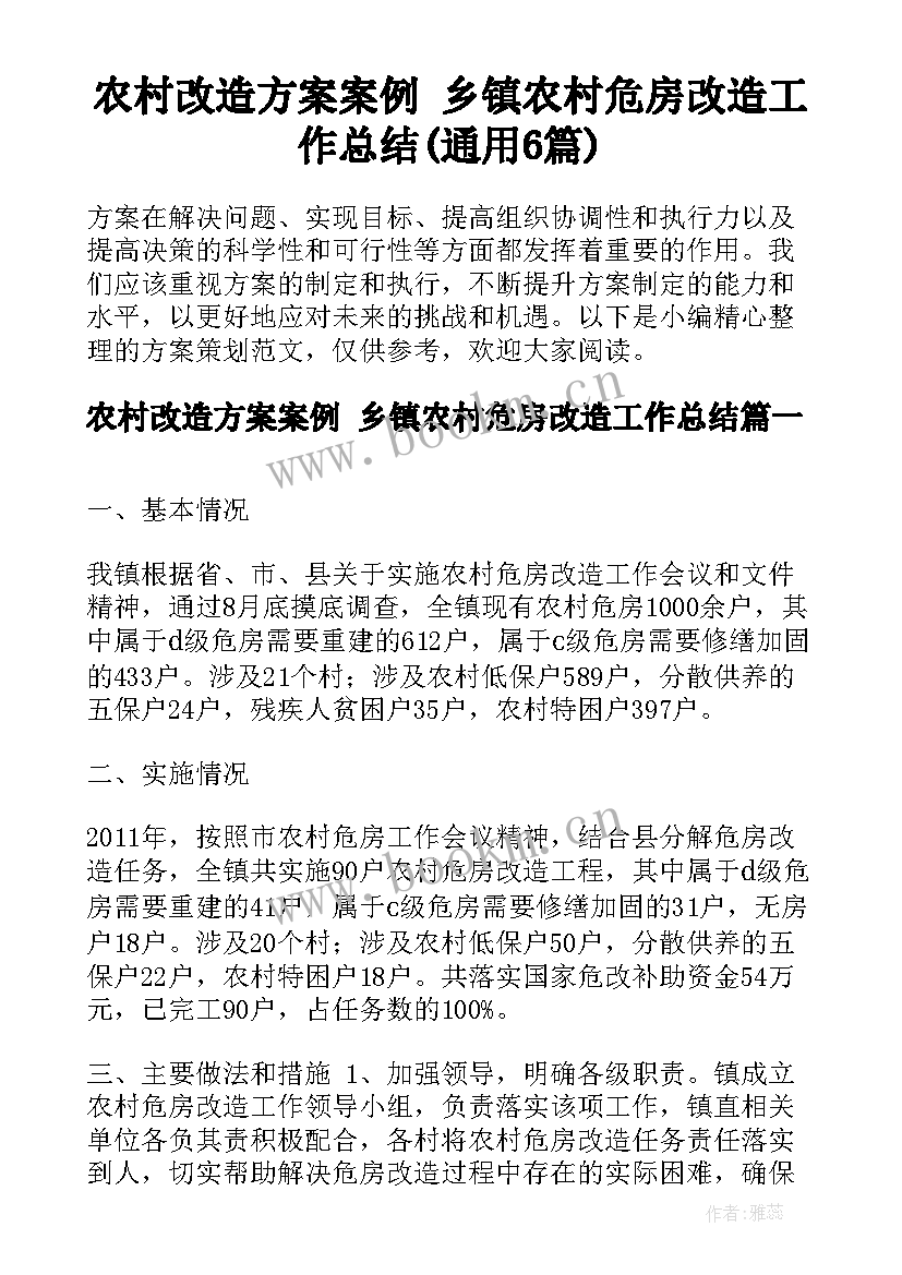 农村改造方案案例 乡镇农村危房改造工作总结(通用6篇)