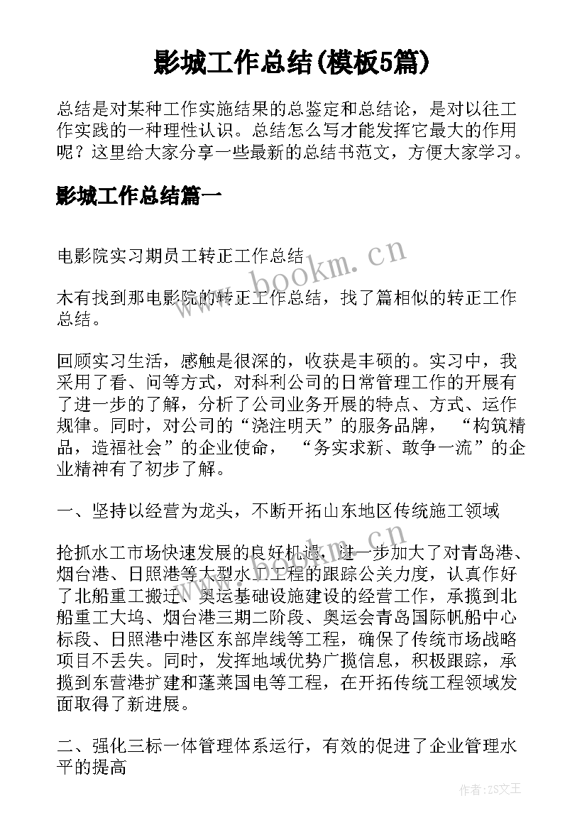 影城工作总结(模板5篇)