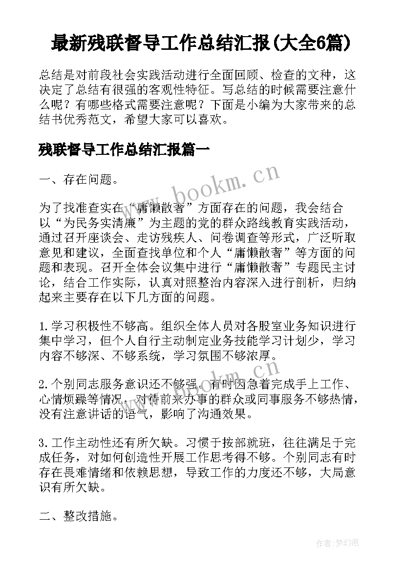 最新残联督导工作总结汇报(大全6篇)