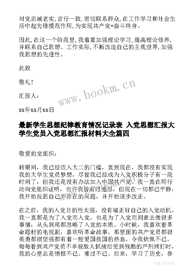 学生思想纪律教育情况记录表 入党思想汇报大学生党员入党思想汇报材料(模板5篇)