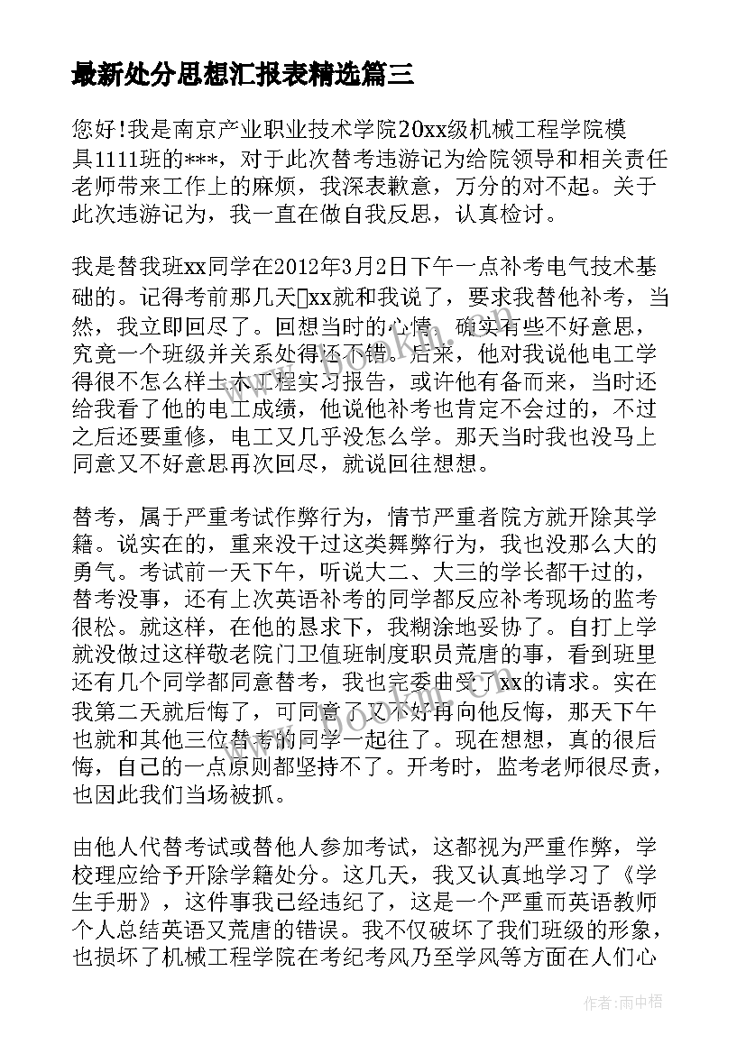 最新处分思想汇报表(模板9篇)