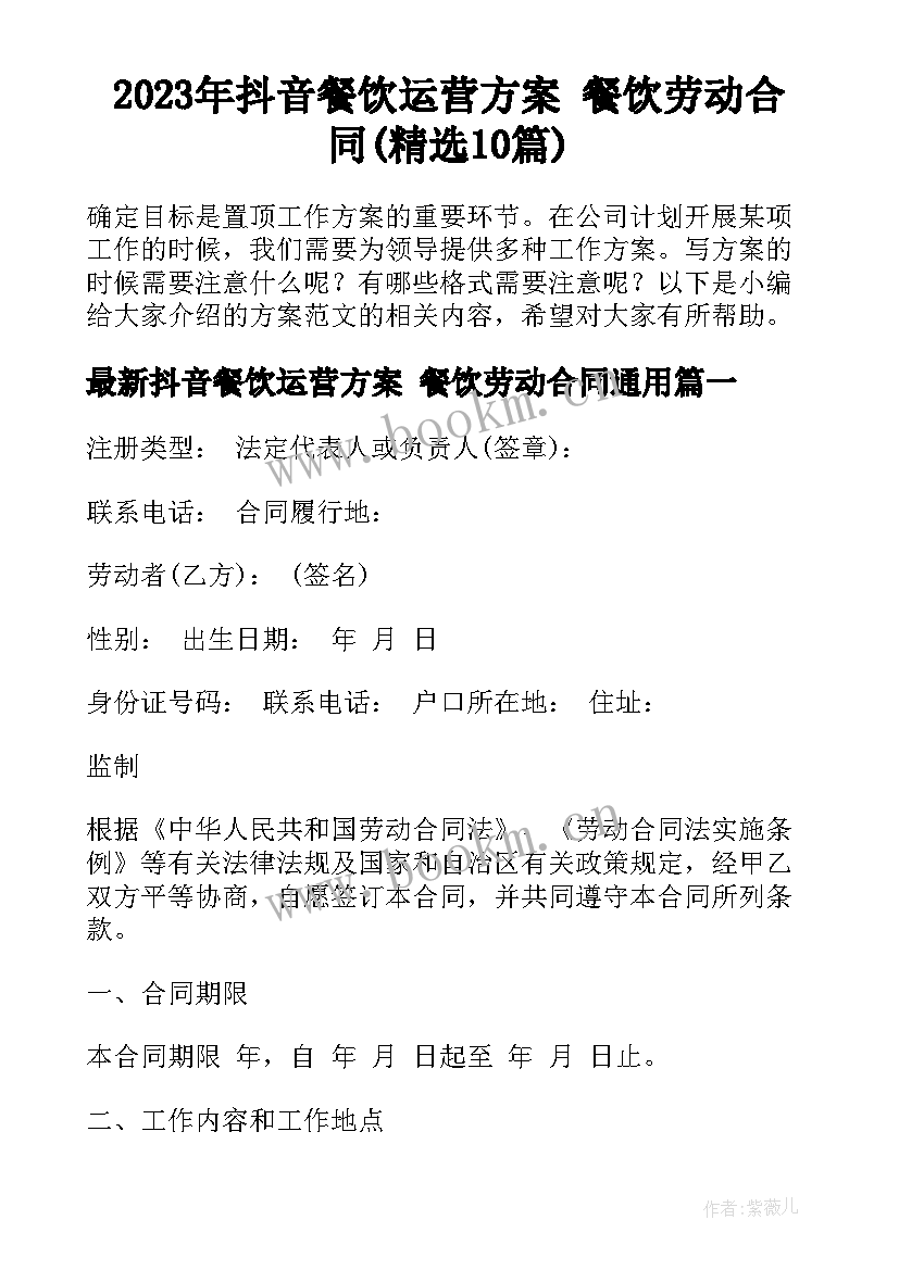 2023年抖音餐饮运营方案 餐饮劳动合同(精选10篇)