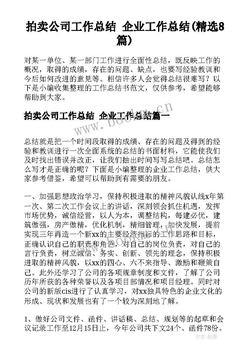 拍卖公司工作总结 企业工作总结(精选8篇)