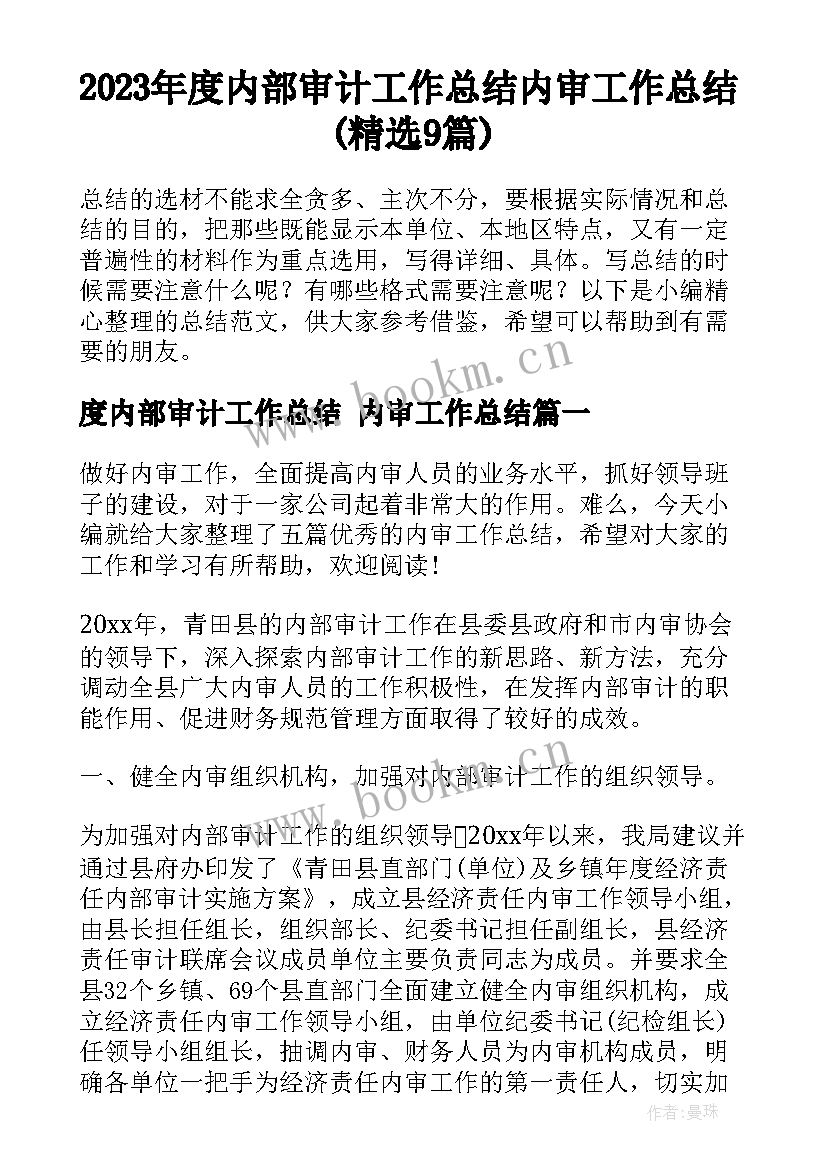 2023年度内部审计工作总结 内审工作总结(精选9篇)