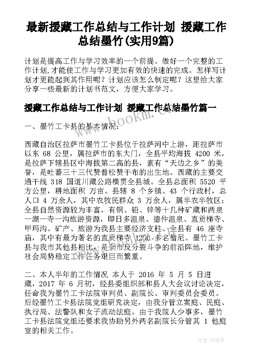 最新援藏工作总结与工作计划 援藏工作总结墨竹(实用9篇)