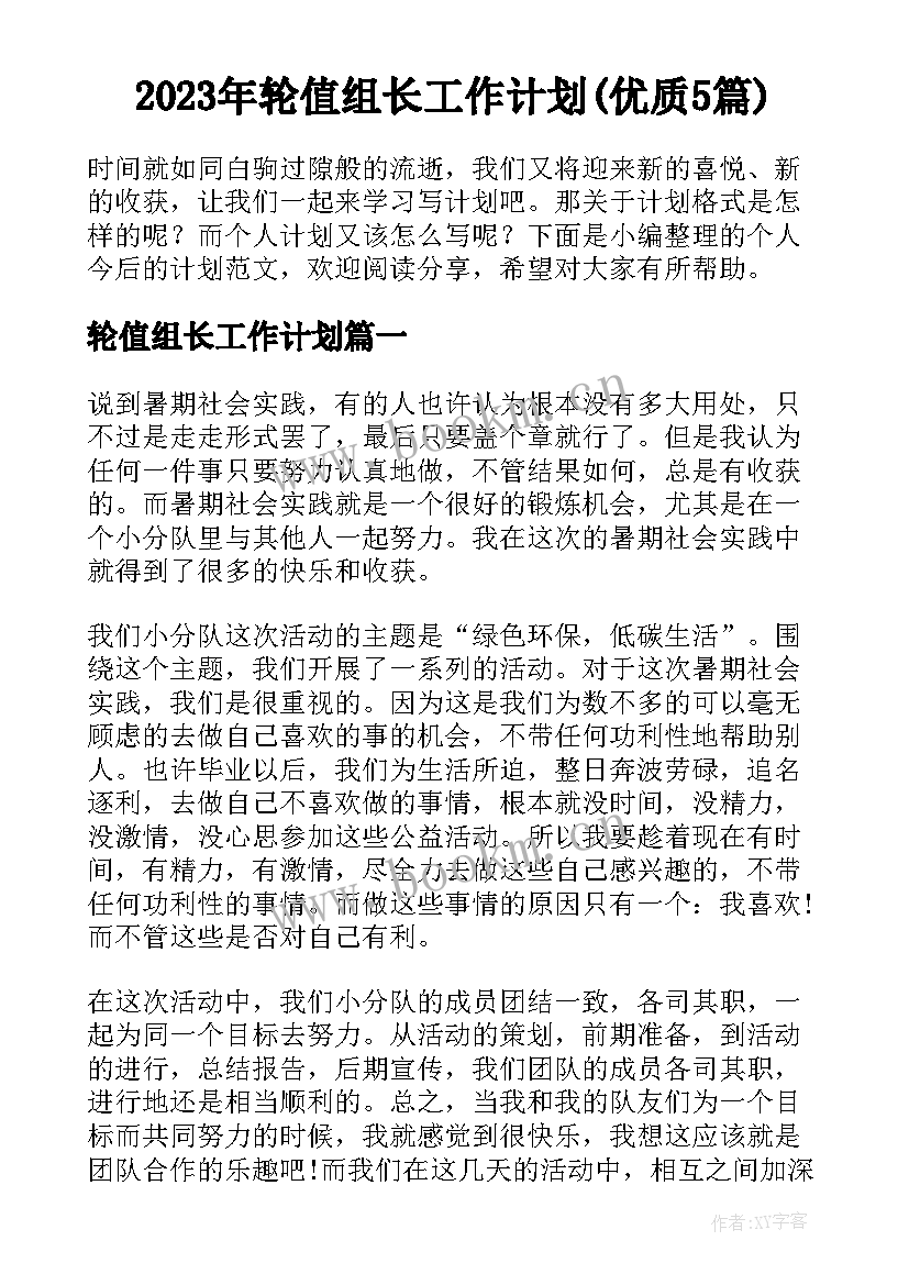 2023年轮值组长工作计划(优质5篇)