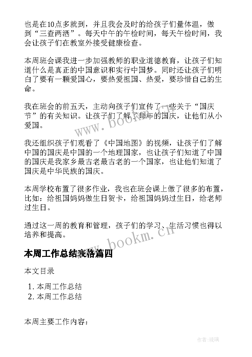 本周工作总结表格(模板8篇)