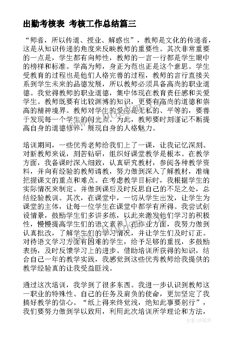 最新出勤考核表 考核工作总结(实用8篇)