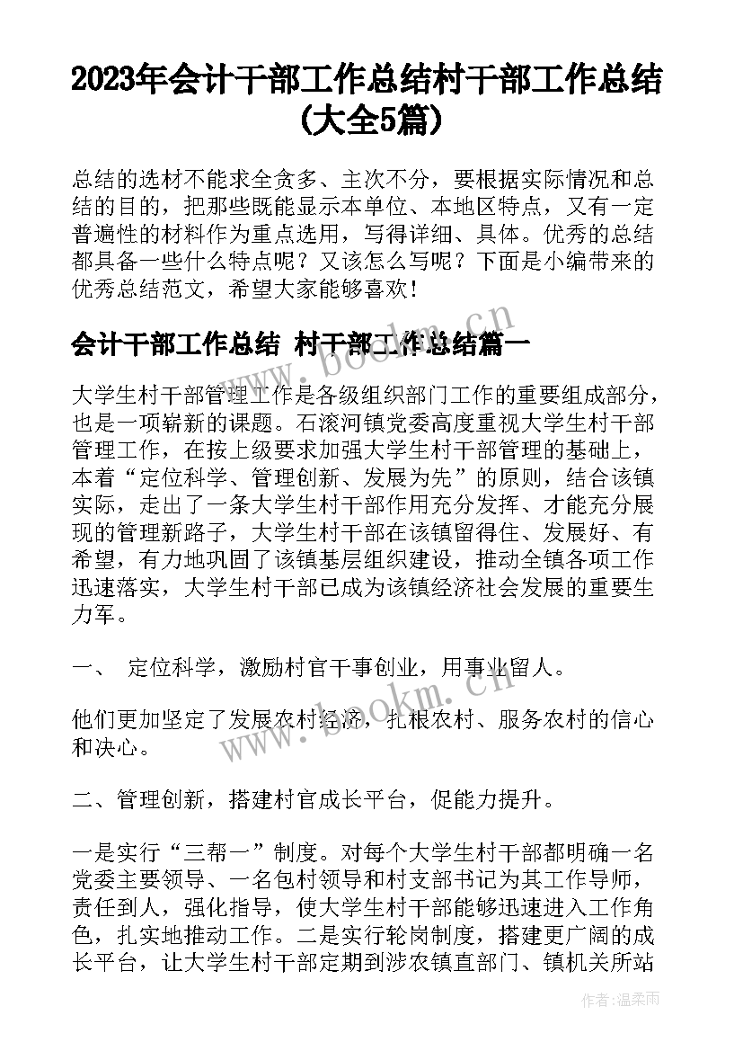 2023年会计干部工作总结 村干部工作总结(大全5篇)