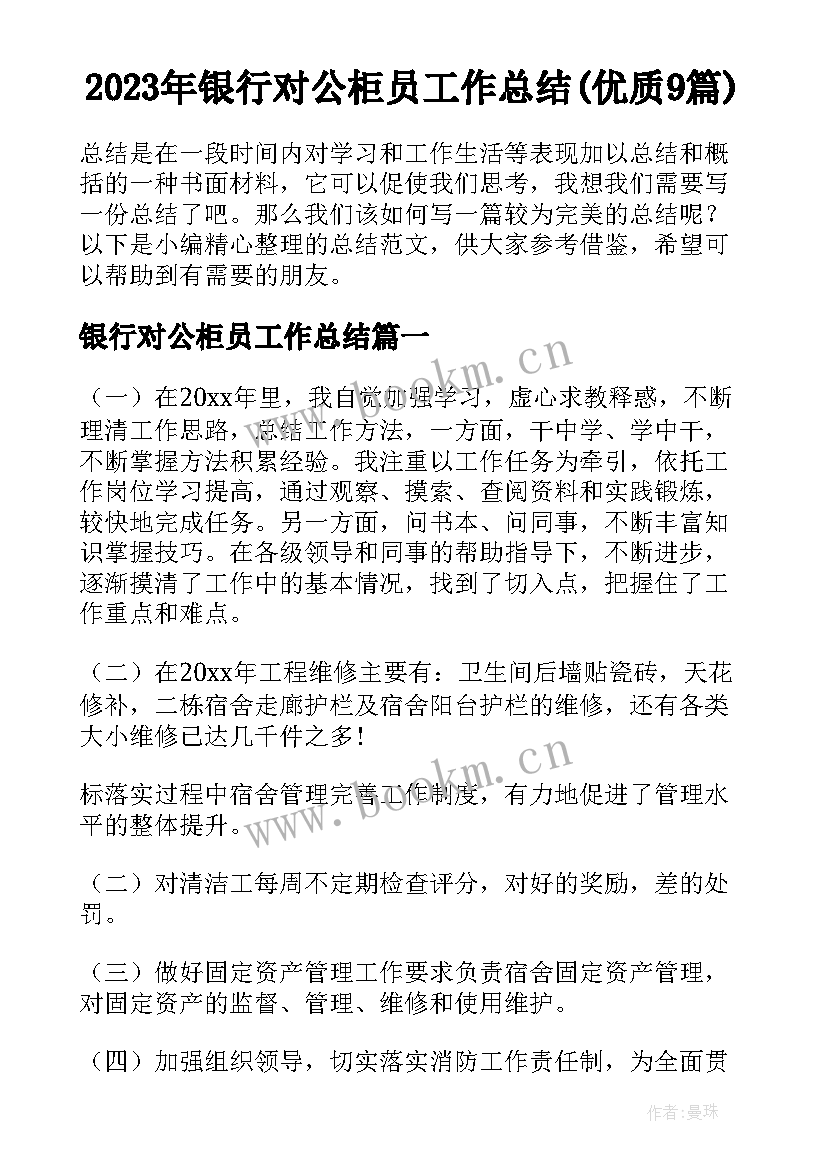 2023年银行对公柜员工作总结(优质9篇)