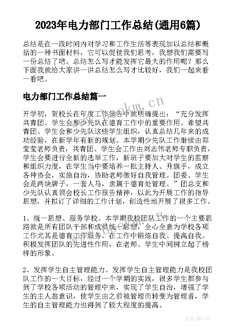 2023年电力部门工作总结(通用6篇)