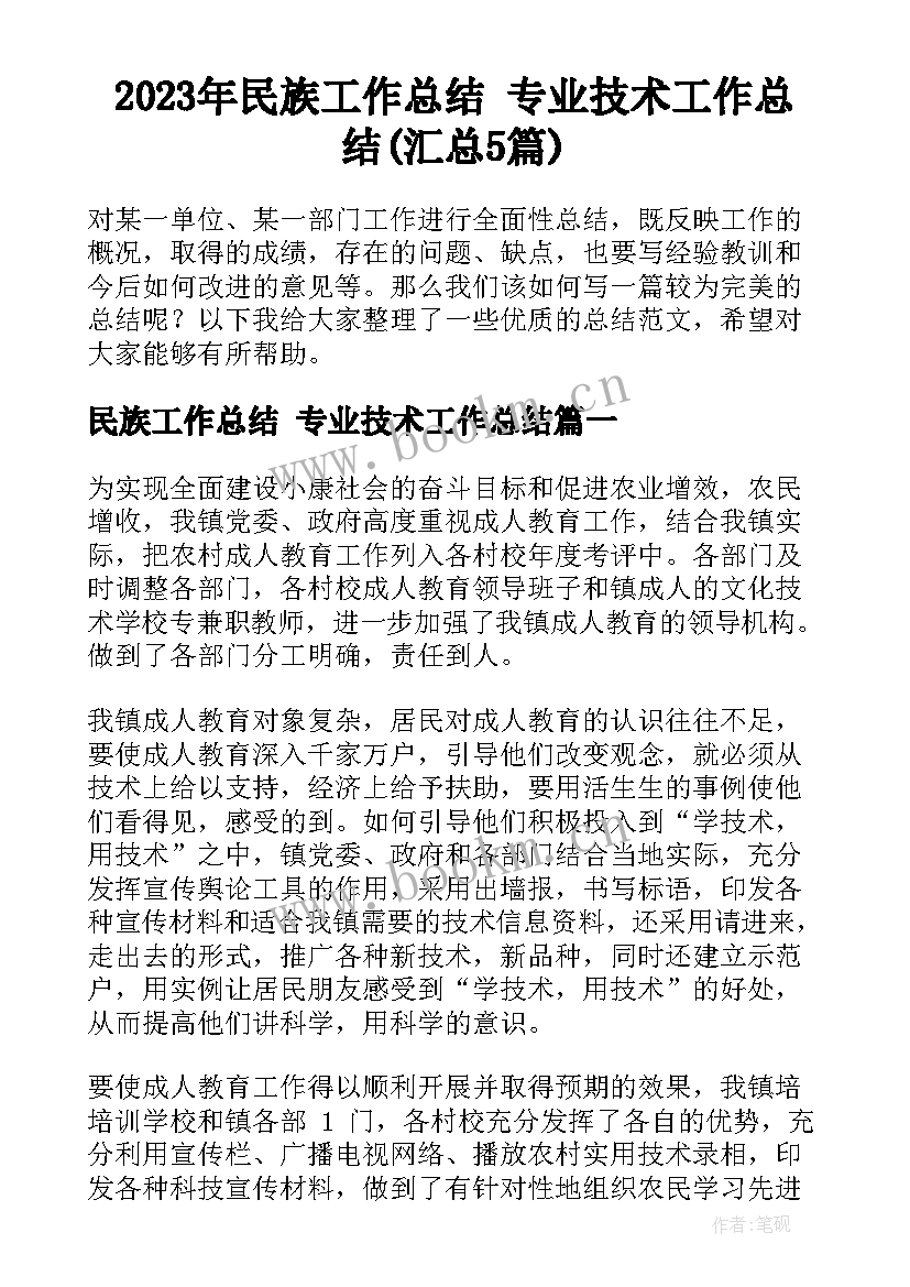 2023年民族工作总结 专业技术工作总结(汇总5篇)