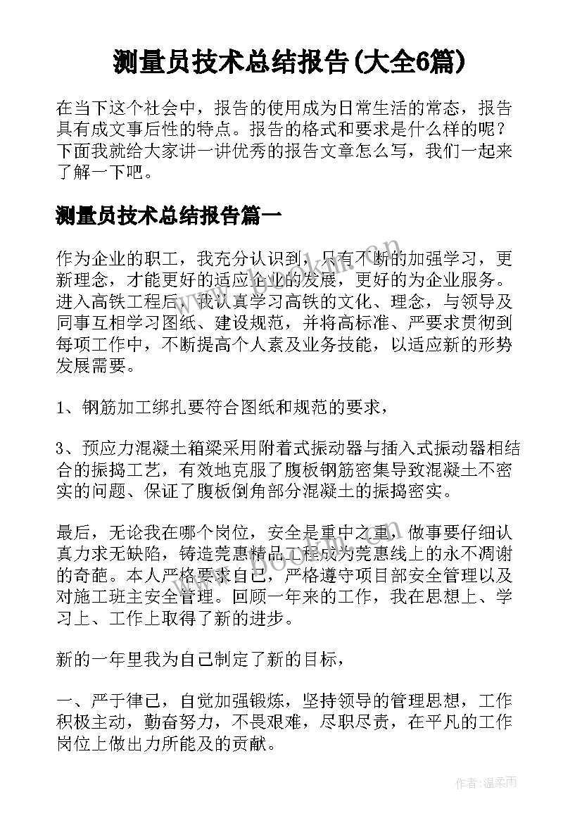 测量员技术总结报告(大全6篇)