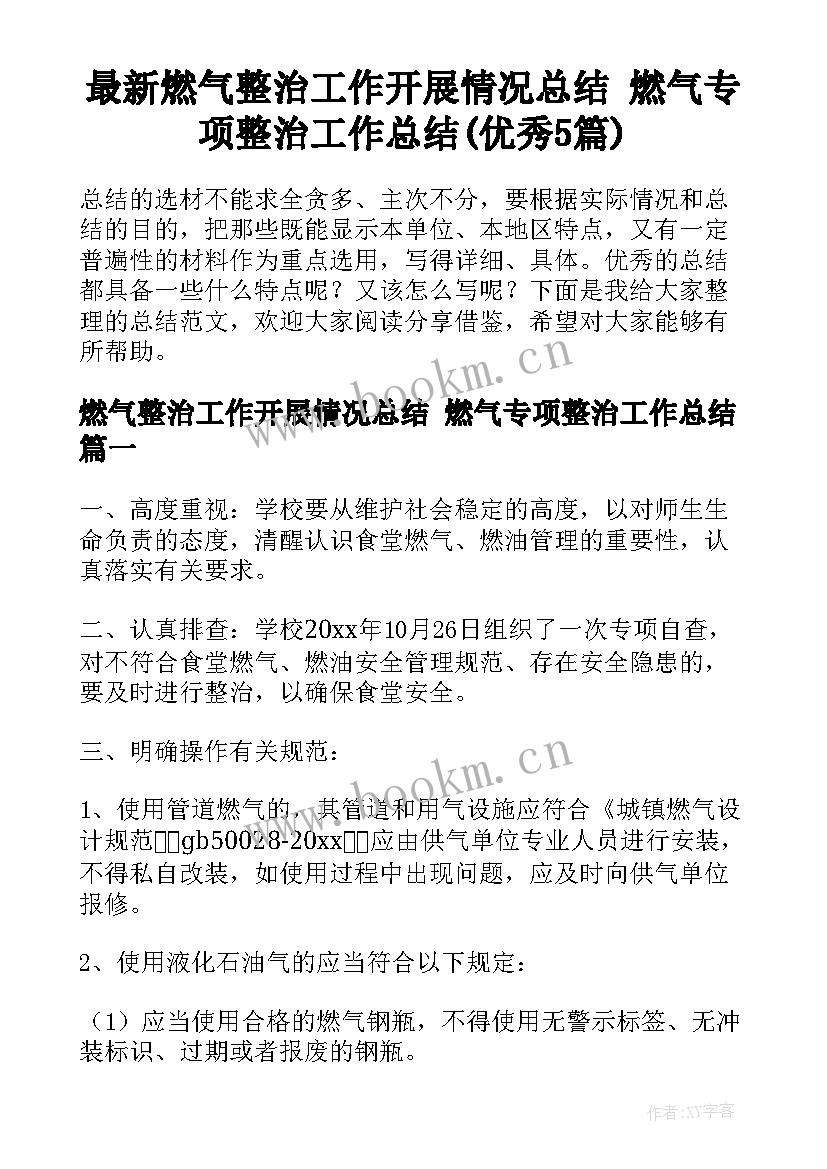 最新燃气整治工作开展情况总结 燃气专项整治工作总结(优秀5篇)