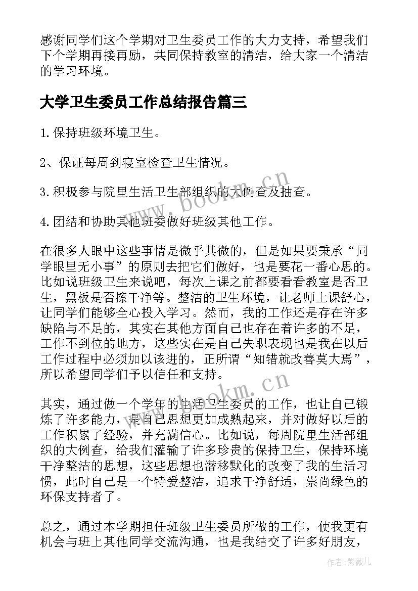 2023年大学卫生委员工作总结报告(优秀10篇)