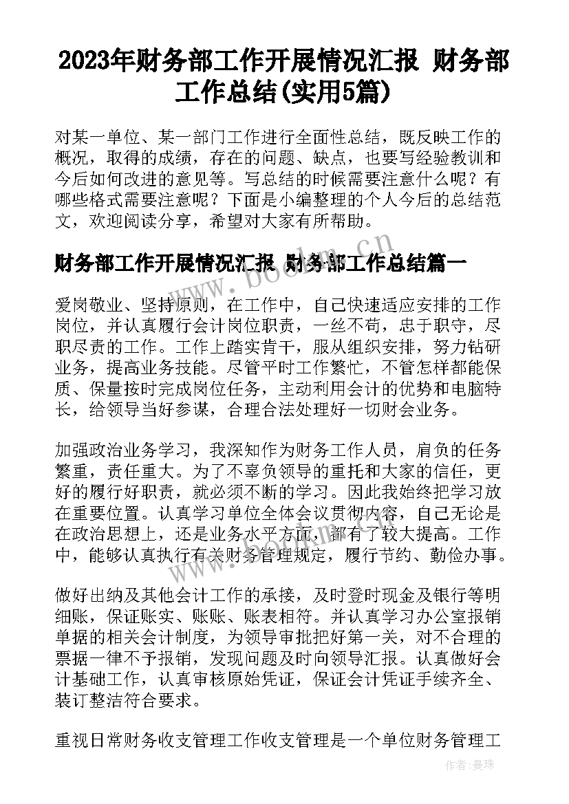 2023年财务部工作开展情况汇报 财务部工作总结(实用5篇)