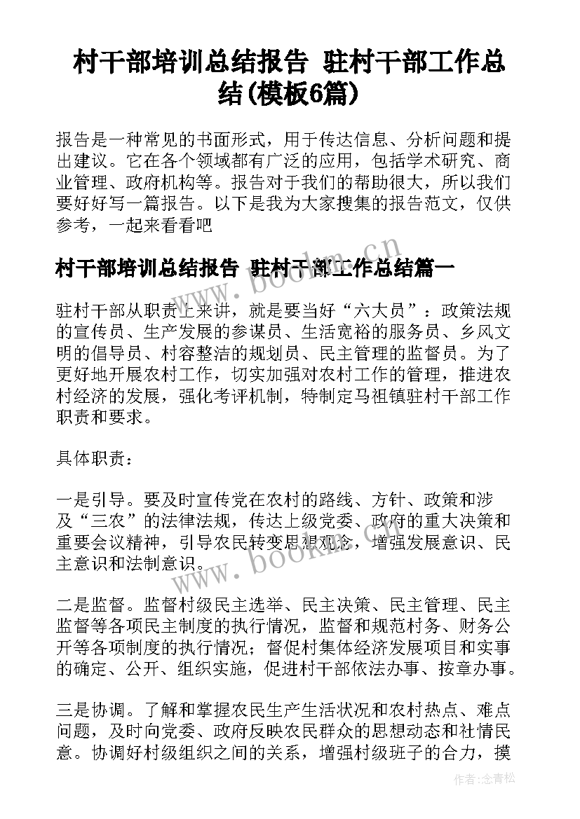 村干部培训总结报告 驻村干部工作总结(模板6篇)