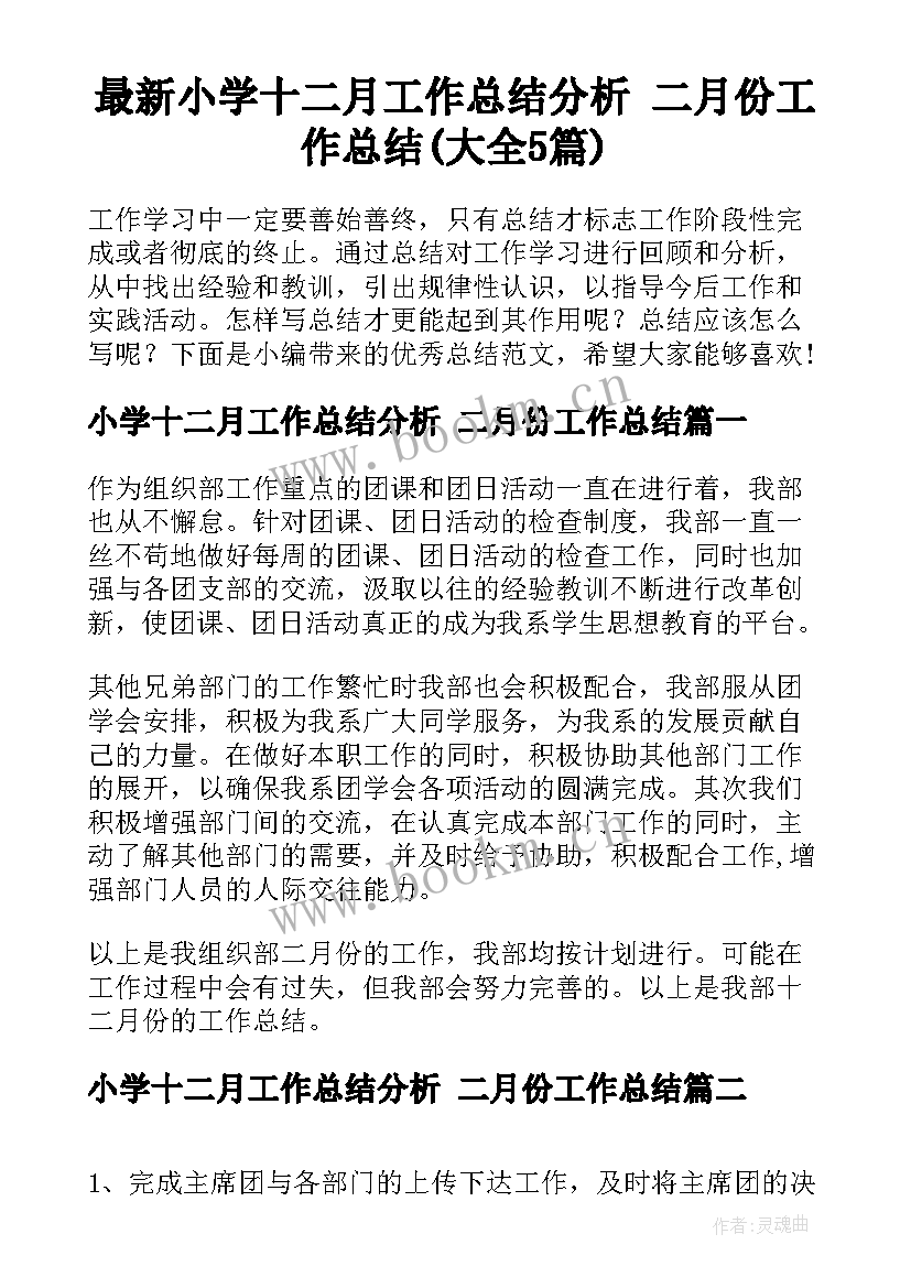 最新小学十二月工作总结分析 二月份工作总结(大全5篇)