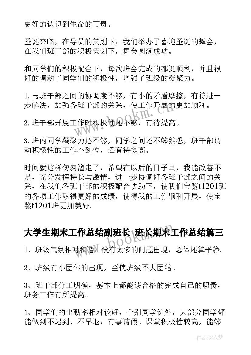 最新大学生期末工作总结副班长 班长期末工作总结(模板7篇)