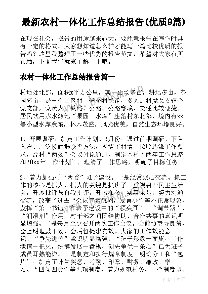 最新农村一体化工作总结报告(优质9篇)