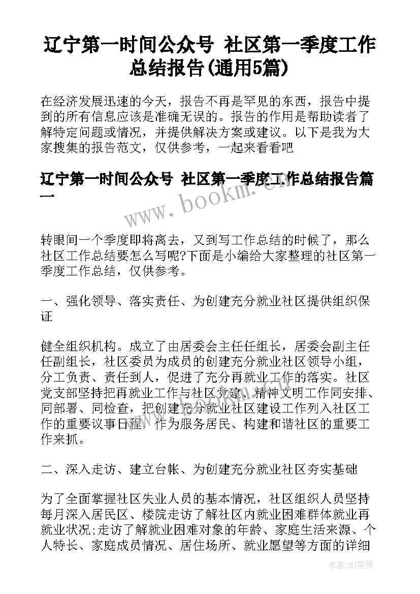 辽宁第一时间公众号 社区第一季度工作总结报告(通用5篇)