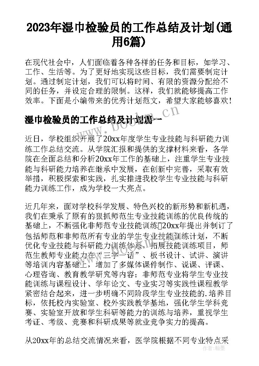 2023年湿巾检验员的工作总结及计划(通用6篇)