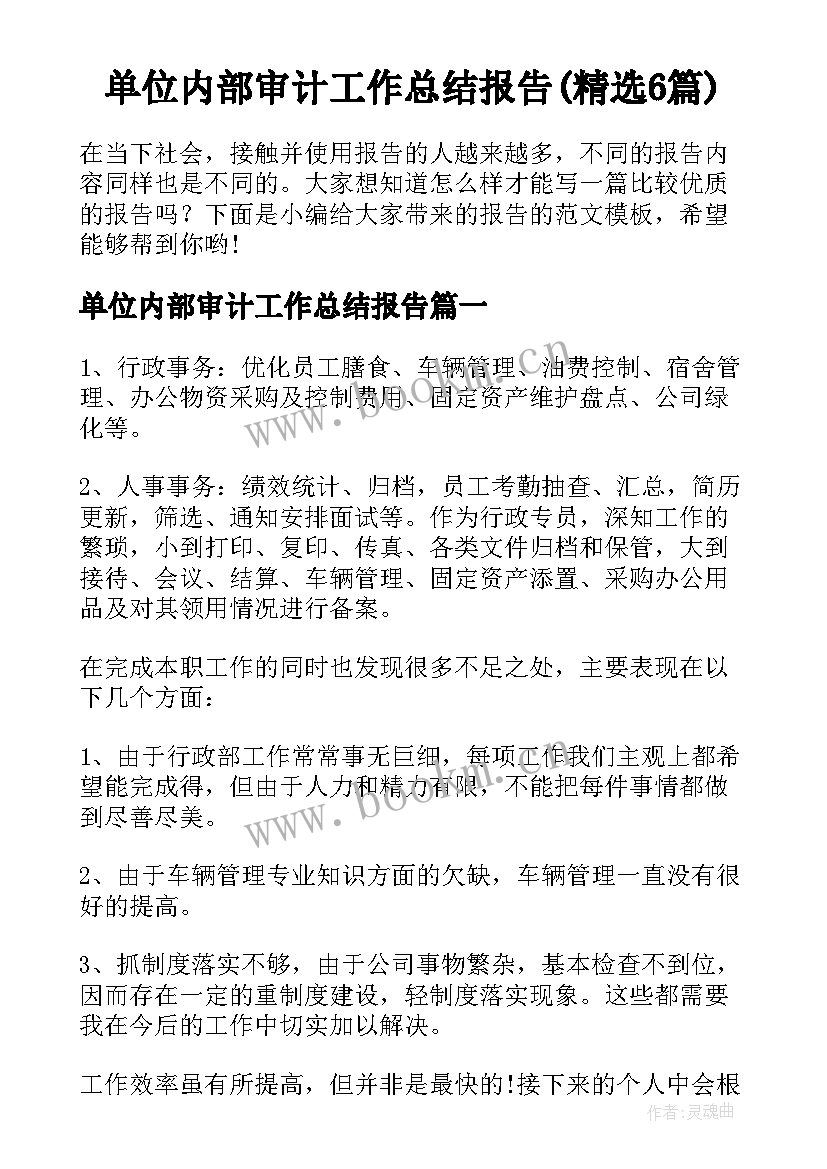 单位内部审计工作总结报告(精选6篇)