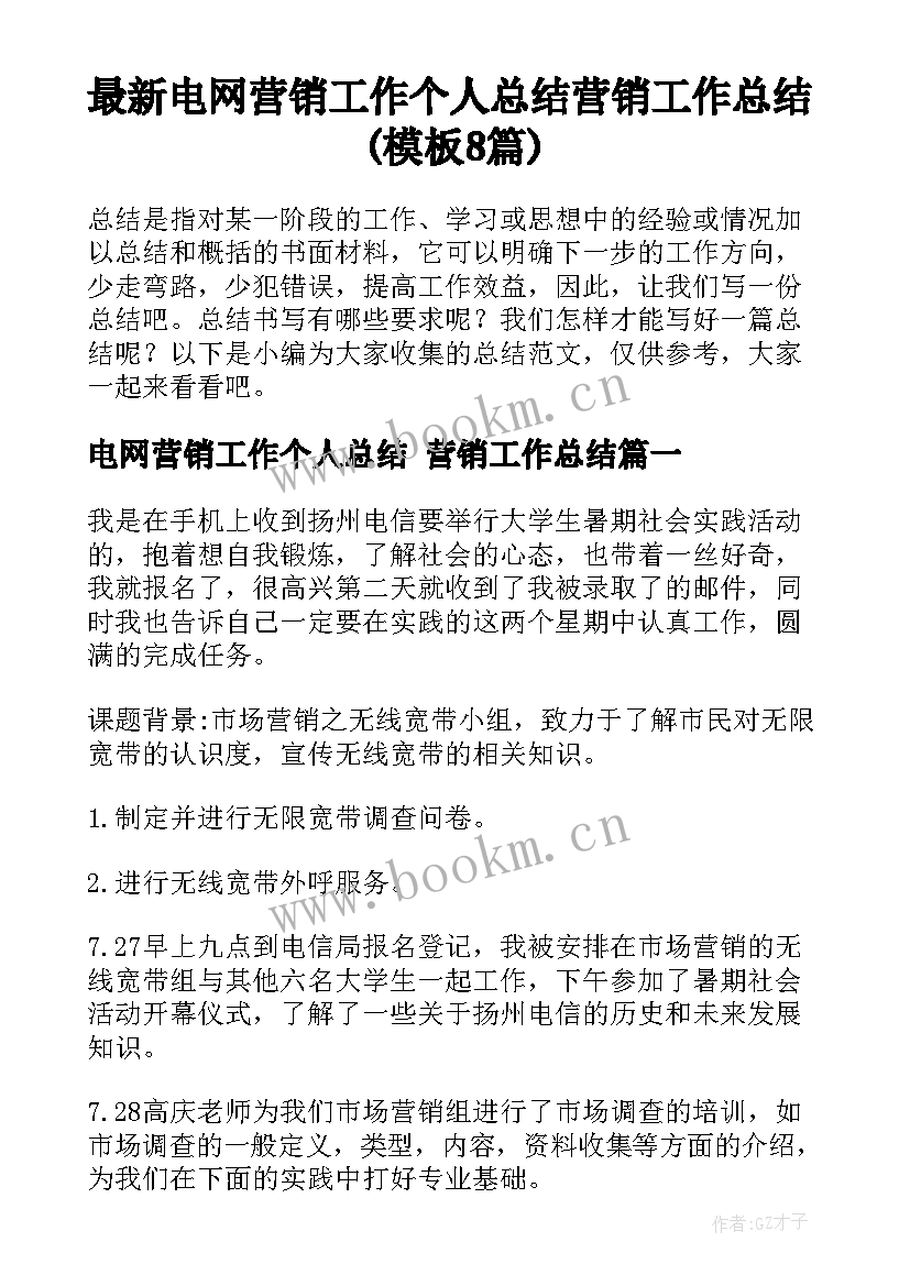 最新电网营销工作个人总结 营销工作总结(模板8篇)