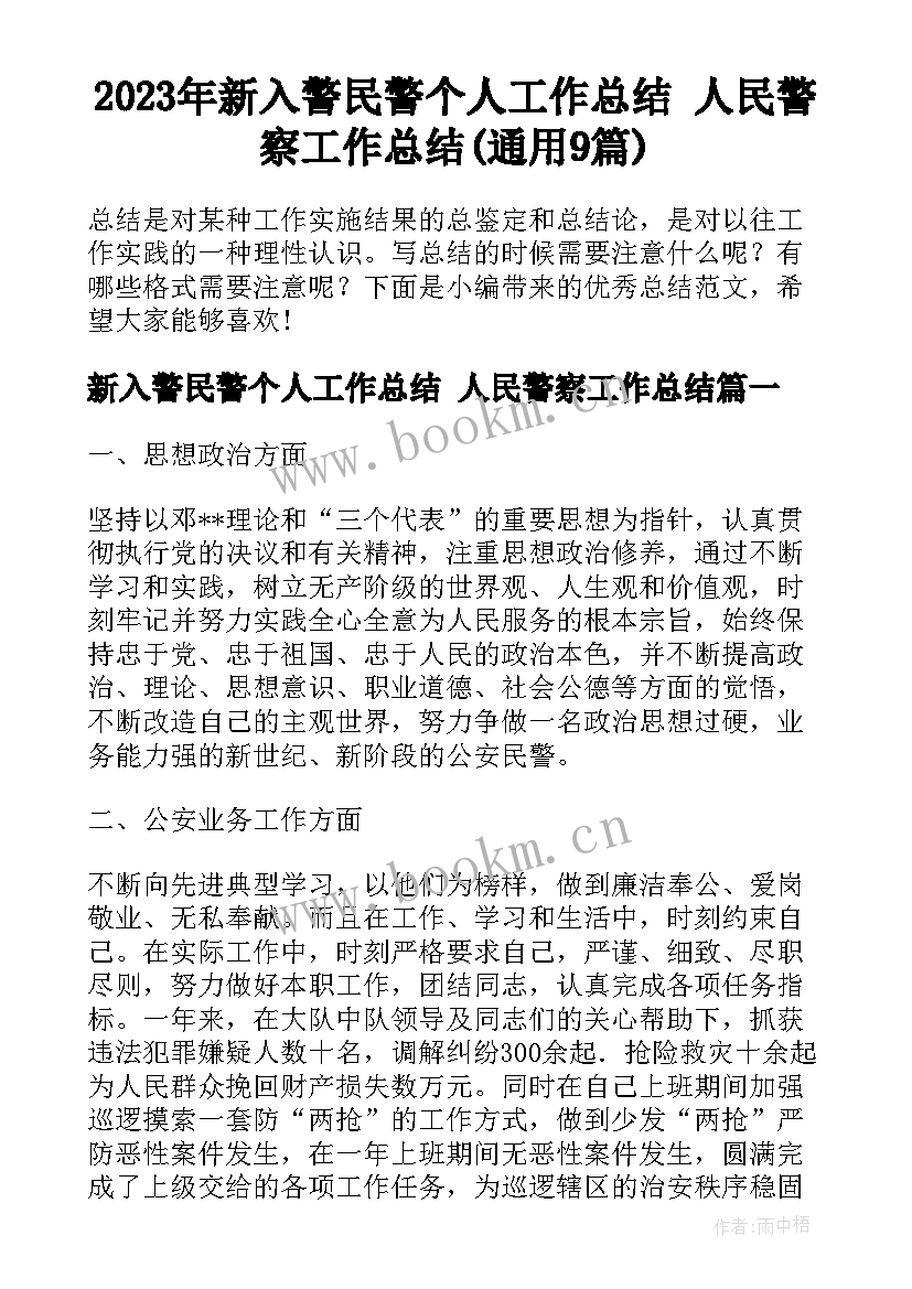 2023年新入警民警个人工作总结 人民警察工作总结(通用9篇)