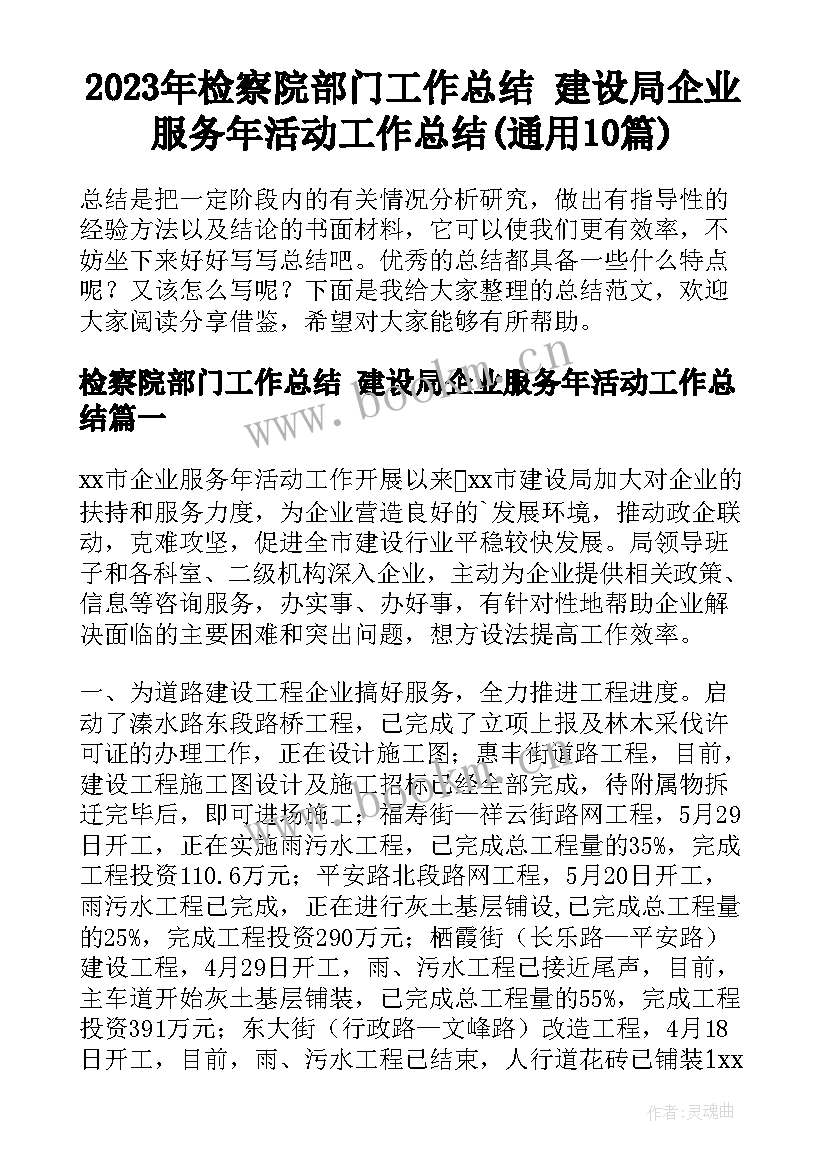 2023年检察院部门工作总结 建设局企业服务年活动工作总结(通用10篇)