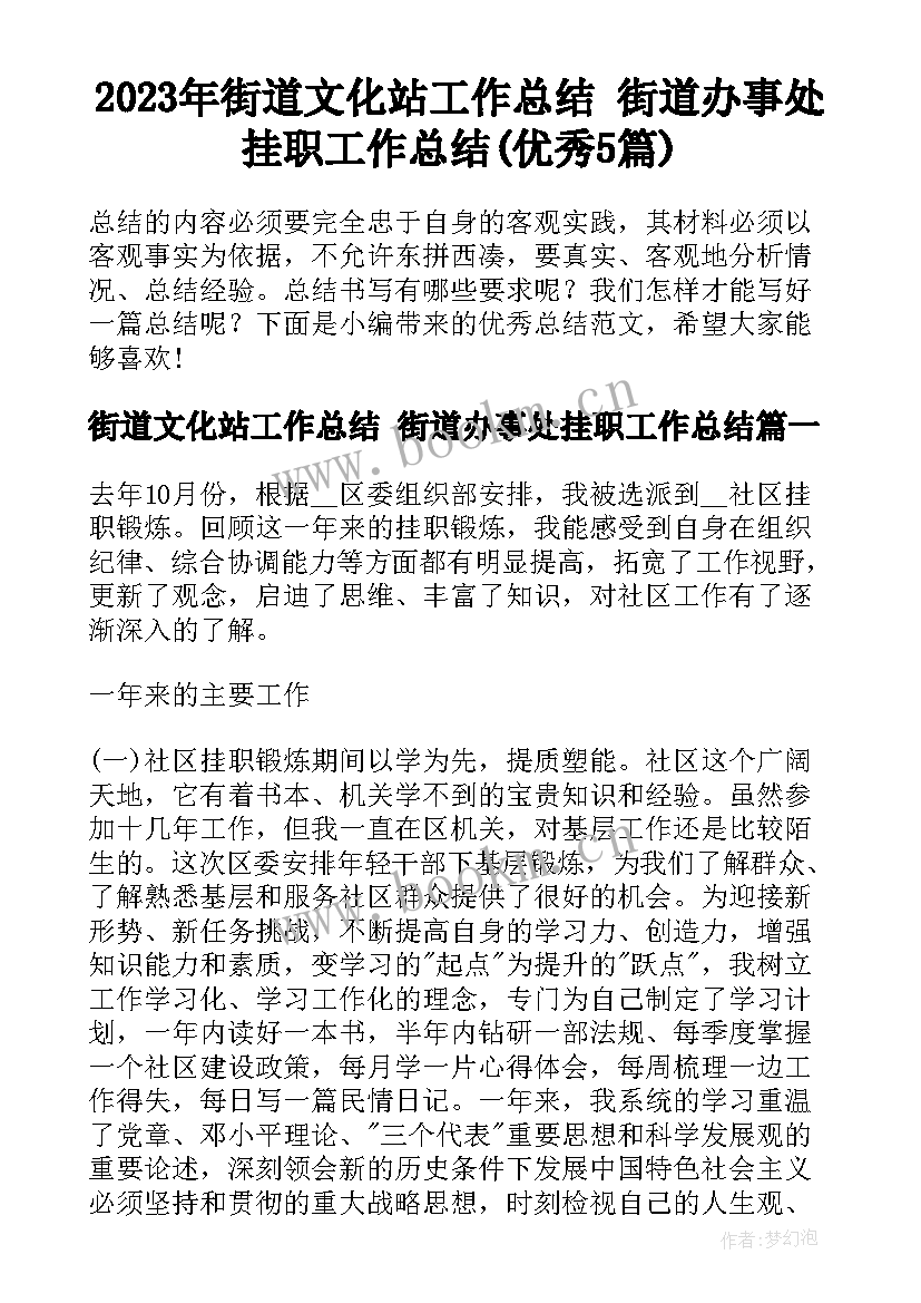 2023年街道文化站工作总结 街道办事处挂职工作总结(优秀5篇)