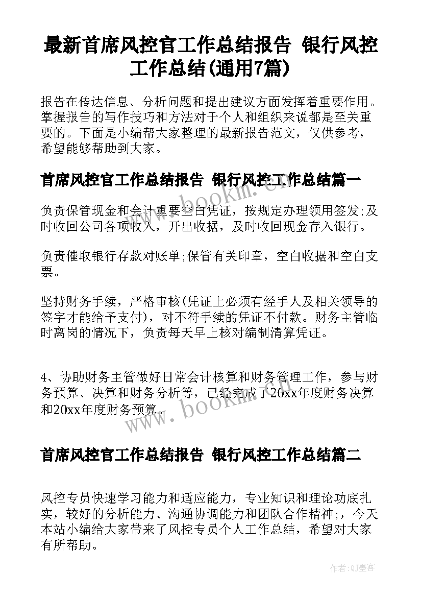 最新首席风控官工作总结报告 银行风控工作总结(通用7篇)