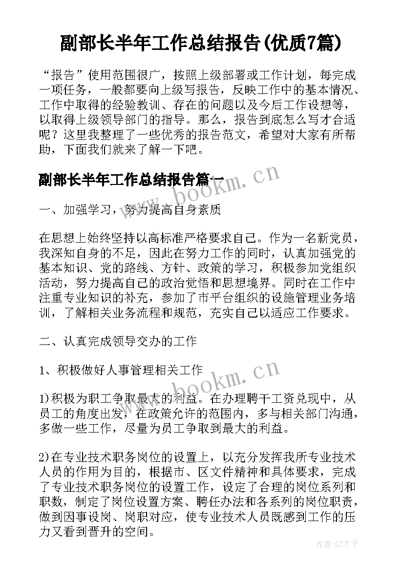 副部长半年工作总结报告(优质7篇)