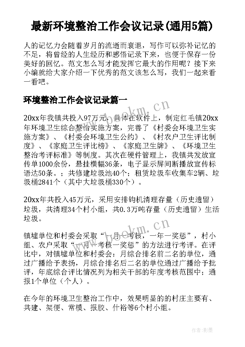 最新环境整治工作会议记录(通用5篇)