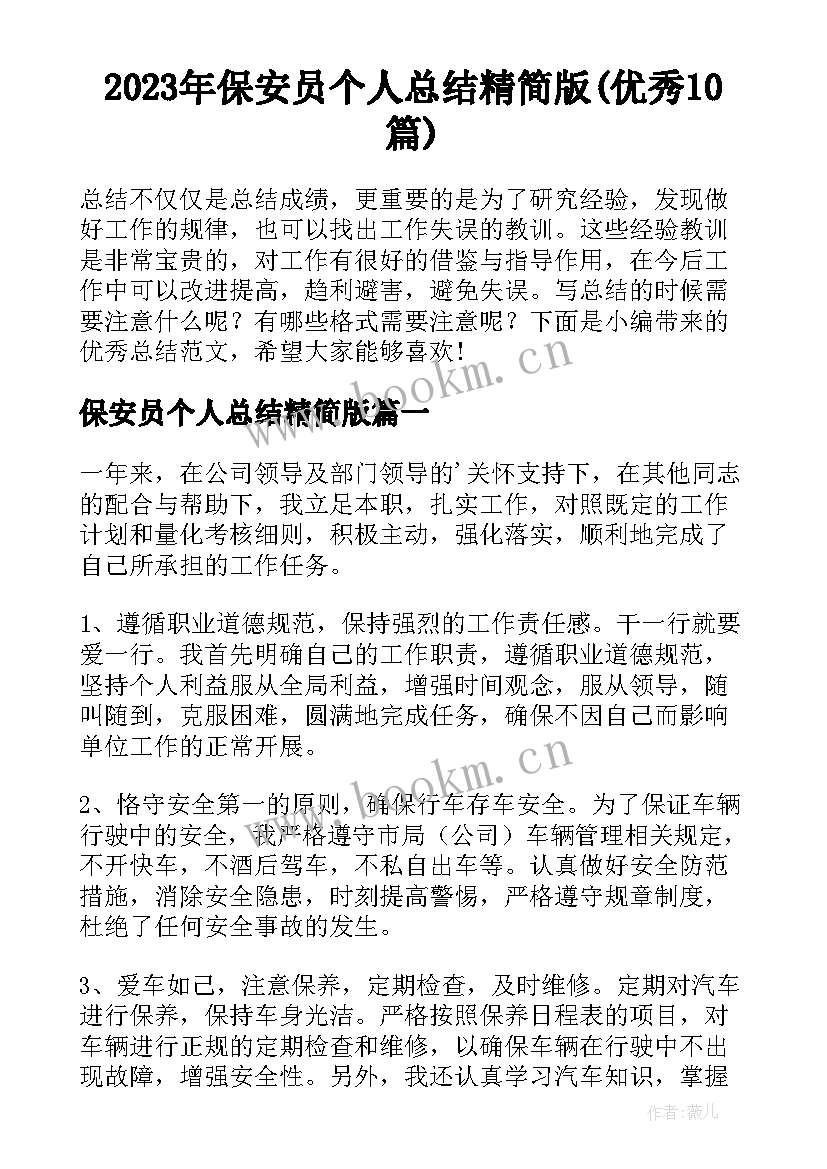 2023年保安员个人总结精简版(优秀10篇)