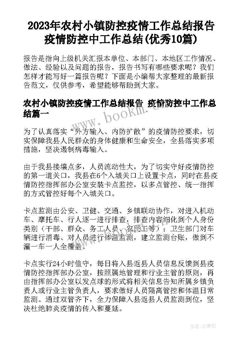 2023年农村小镇防控疫情工作总结报告 疫情防控中工作总结(优秀10篇)