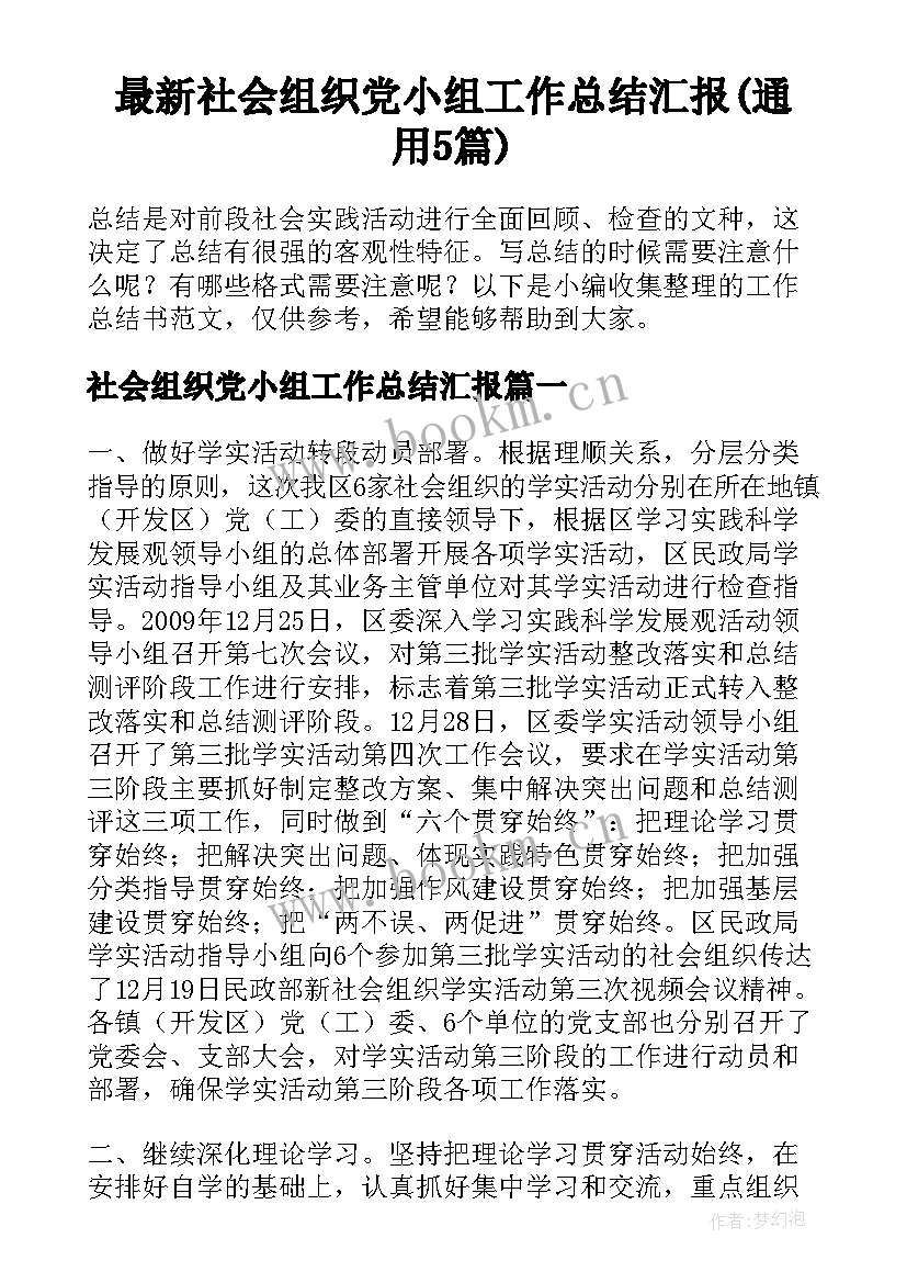 最新社会组织党小组工作总结汇报(通用5篇)