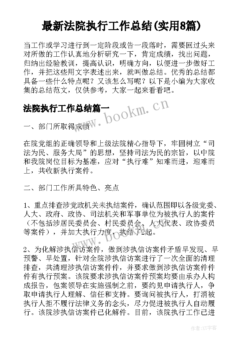 最新法院执行工作总结(实用8篇)